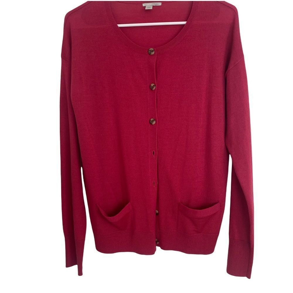 Halogen Cardigan Women‎ Large Berry Red Merino Wool Blend Button Front Crew Neck